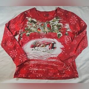 Holiday Editions Womens Holiday Red Long Sleeve Crewneck PulloverTop Size Medium